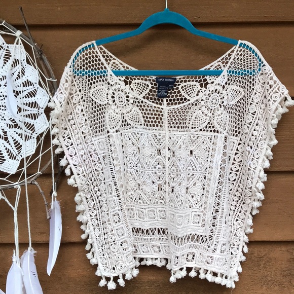 Max Edition Tops - Boho Shawl Cover Cream Crochet Top